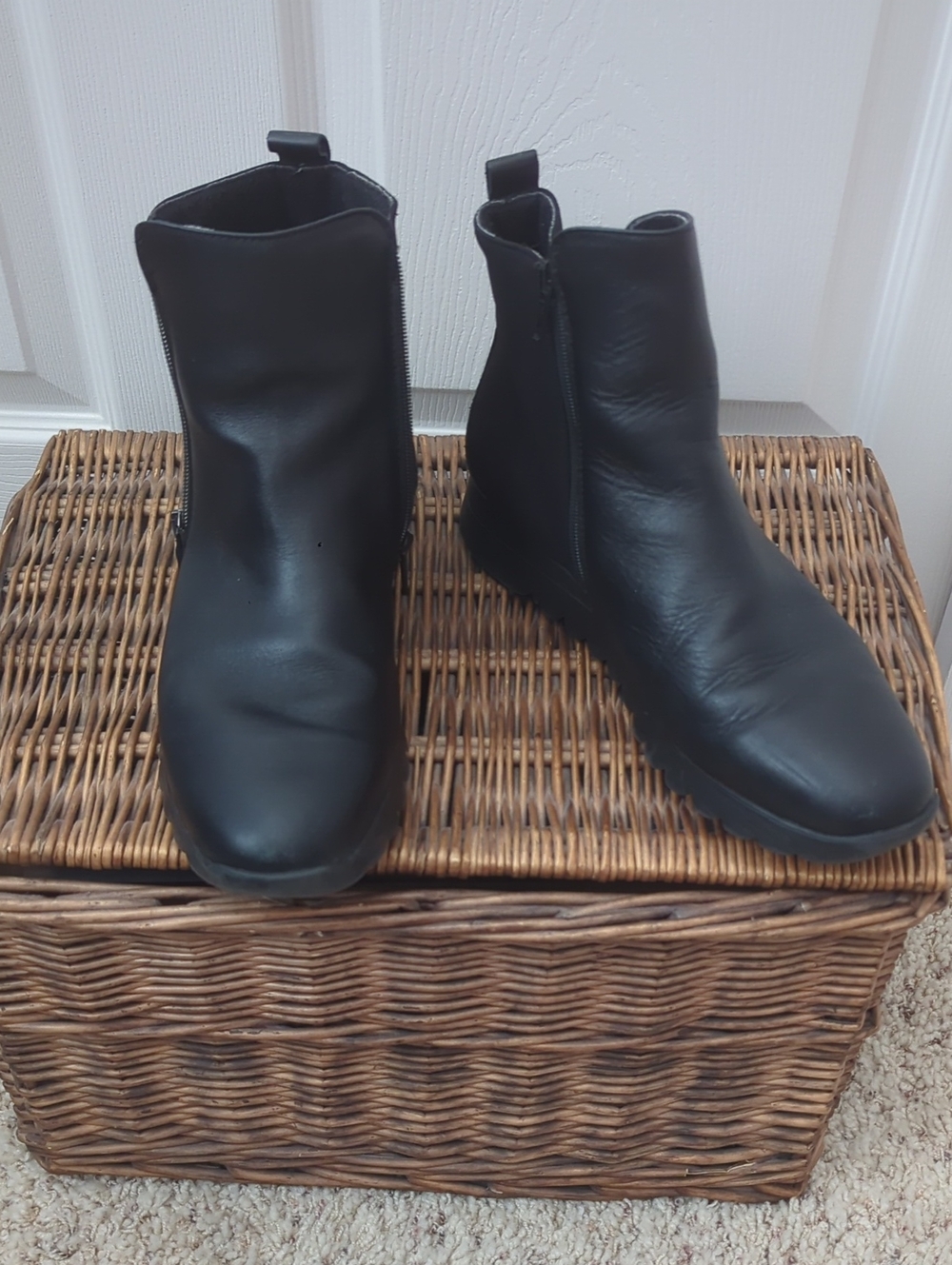 Black Leather Wedge Ankle Boots - Women's